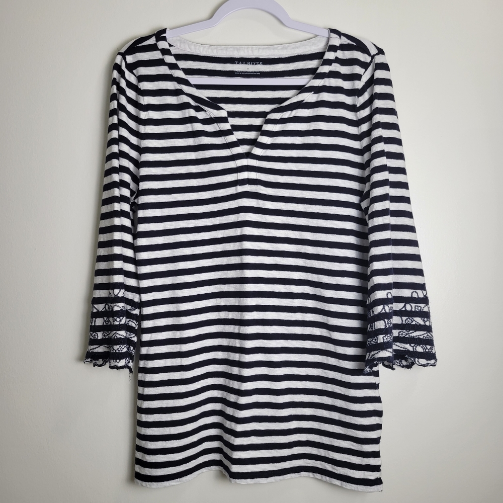 TALBOTS Striped V Neck Embroidered 3/4 Sleeve Tunic Top‎ M